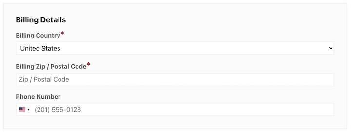 Screenshot – Easy Digital Downloads A preview of the custom checkout address fields on an Easy Digital Downloads checkout form.